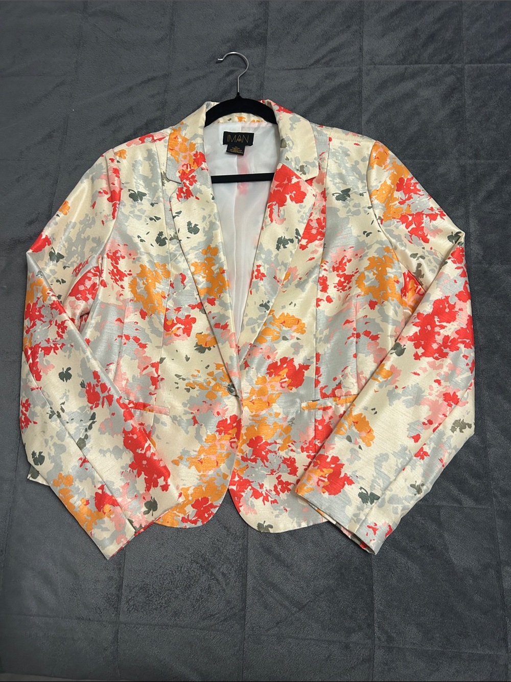 IMAN Ivory Floral Metallic Blazer with Coral and Gold Accents